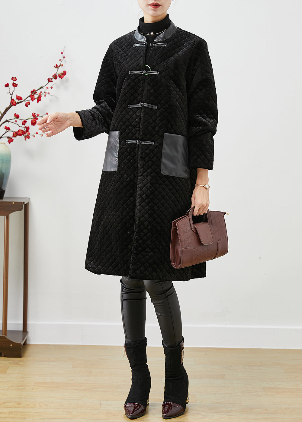 WW | Black Patchwork Pockets Silk Velour Fine Cotton Padded Coats Winter
