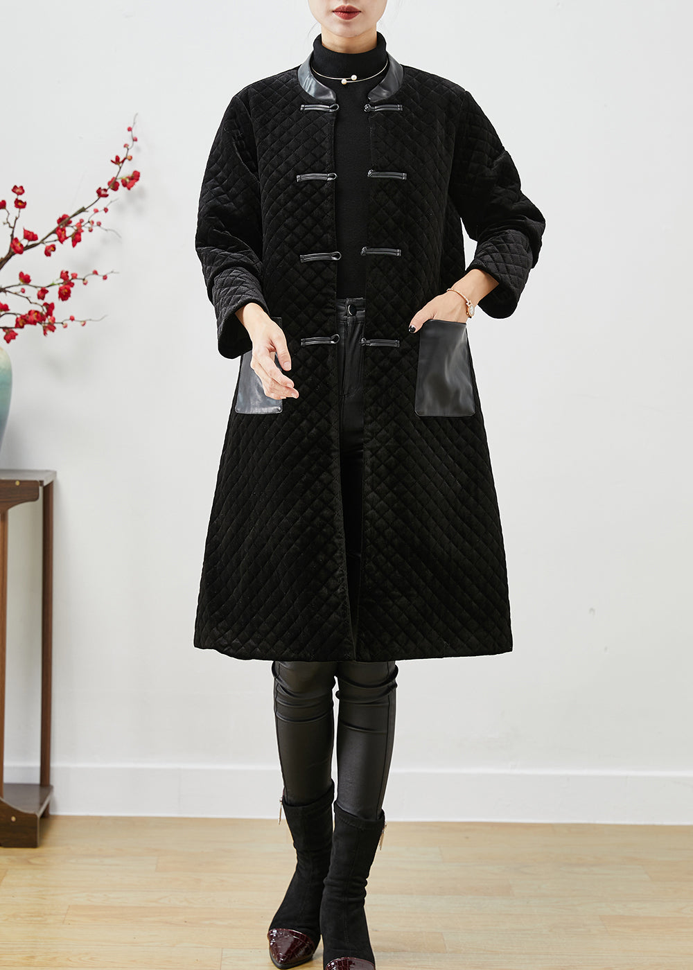 WW | Black Patchwork Pockets Silk Velour Fine Cotton Padded Coats Winter