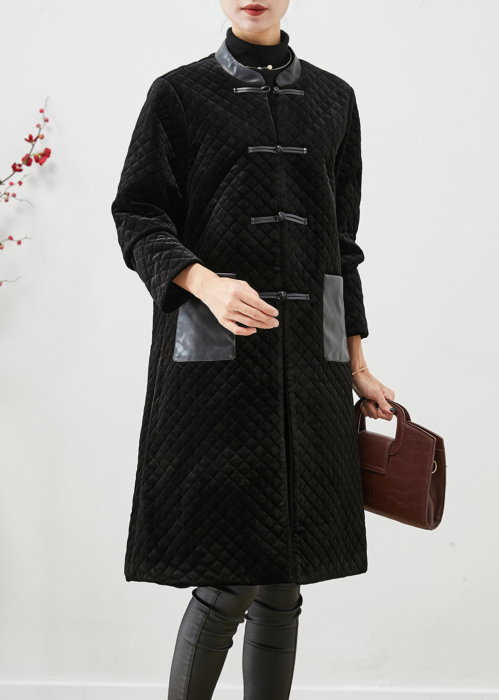 WW | Black Patchwork Pockets Silk Velour Fine Cotton Padded Coats Winter