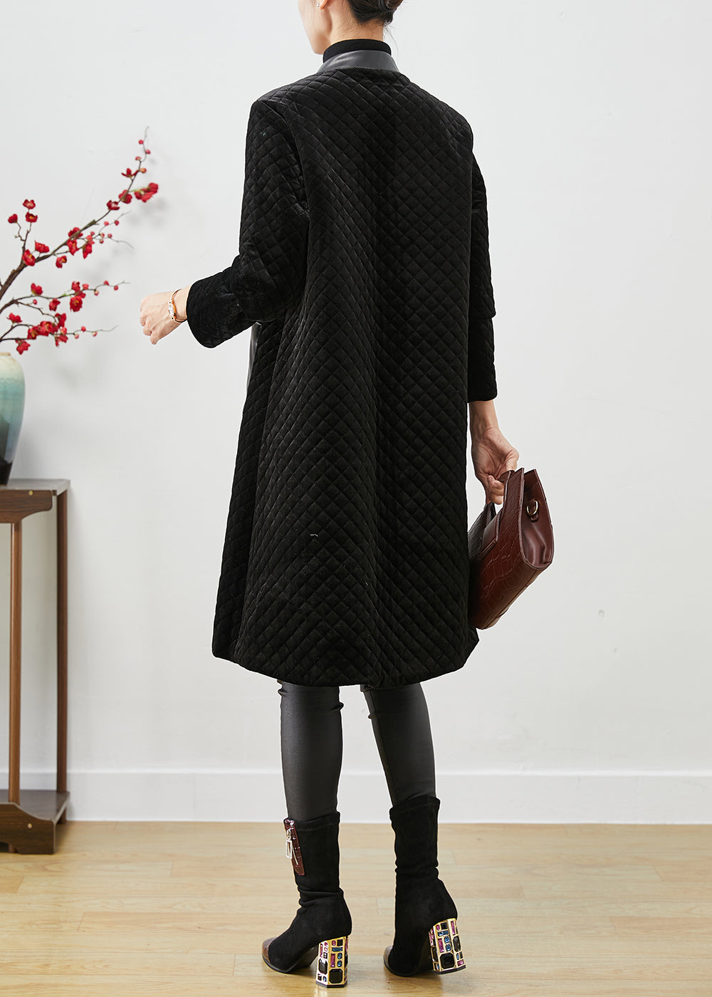 WW | Black Patchwork Pockets Silk Velour Fine Cotton Padded Coats Winter