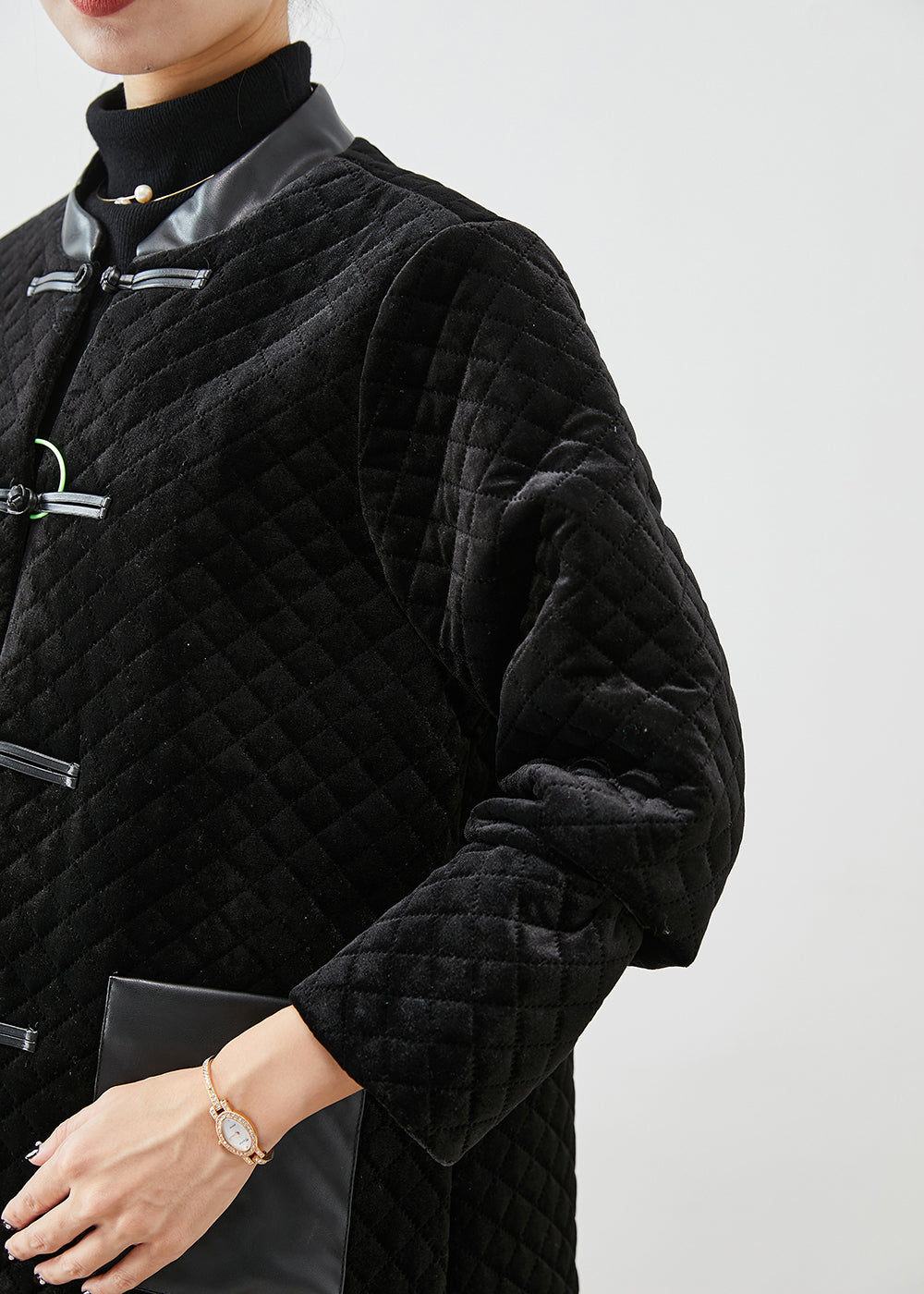 WW | Black Patchwork Pockets Silk Velour Fine Cotton Padded Coats Winter