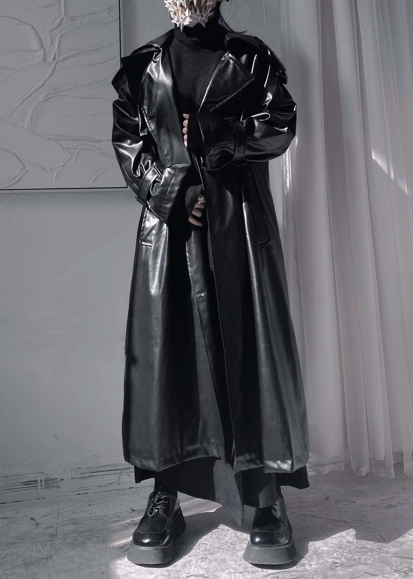 WW | Black Peter Pan Collar Patchwork Ribbon Faux Leather Long Trench Coats Long Sleeves