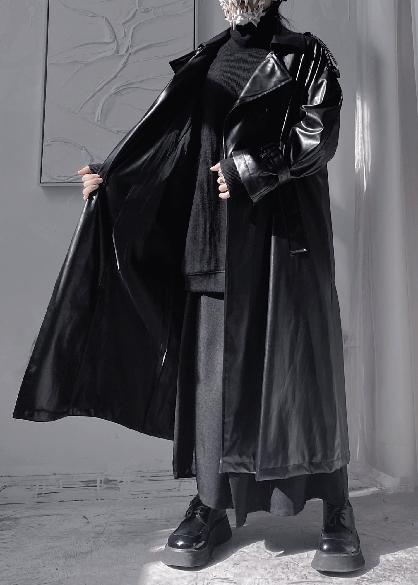 WW | Black Peter Pan Collar Patchwork Ribbon Faux Leather Long Trench Coats Long Sleeves
