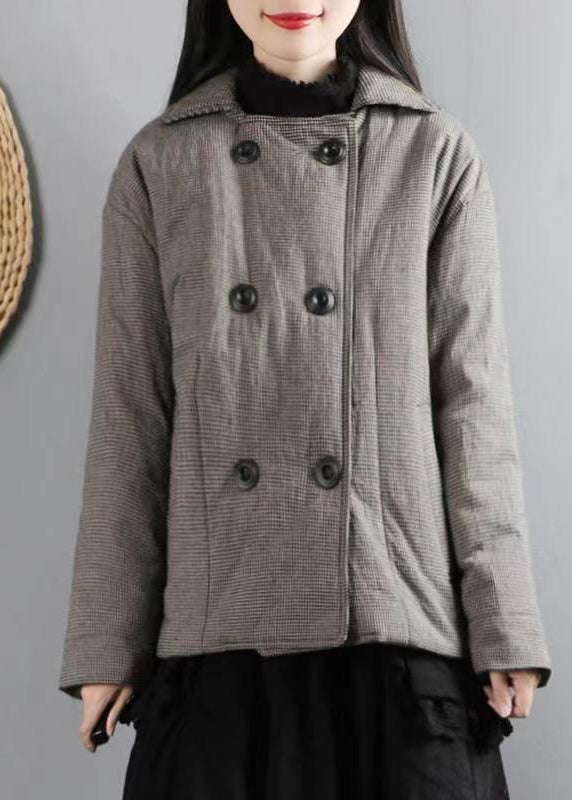 WW | Black Plaid Pockets Double Breasted Patchwork Cotton Padded Coats Winter