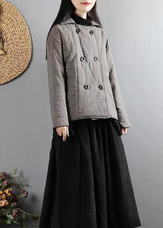 WW | Black Plaid Pockets Double Breasted Patchwork Cotton Padded Coats Winter