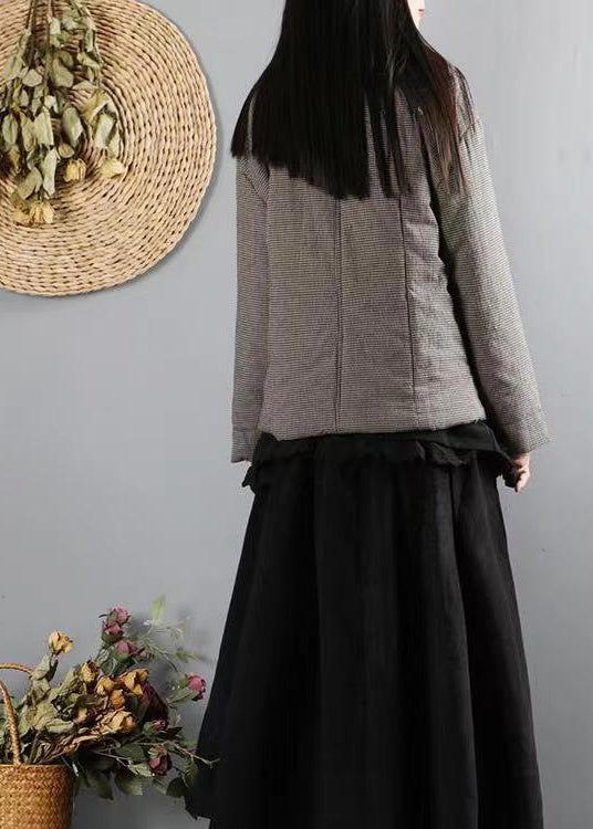 WW | Black Plaid Pockets Double Breasted Patchwork Cotton Padded Coats Winter