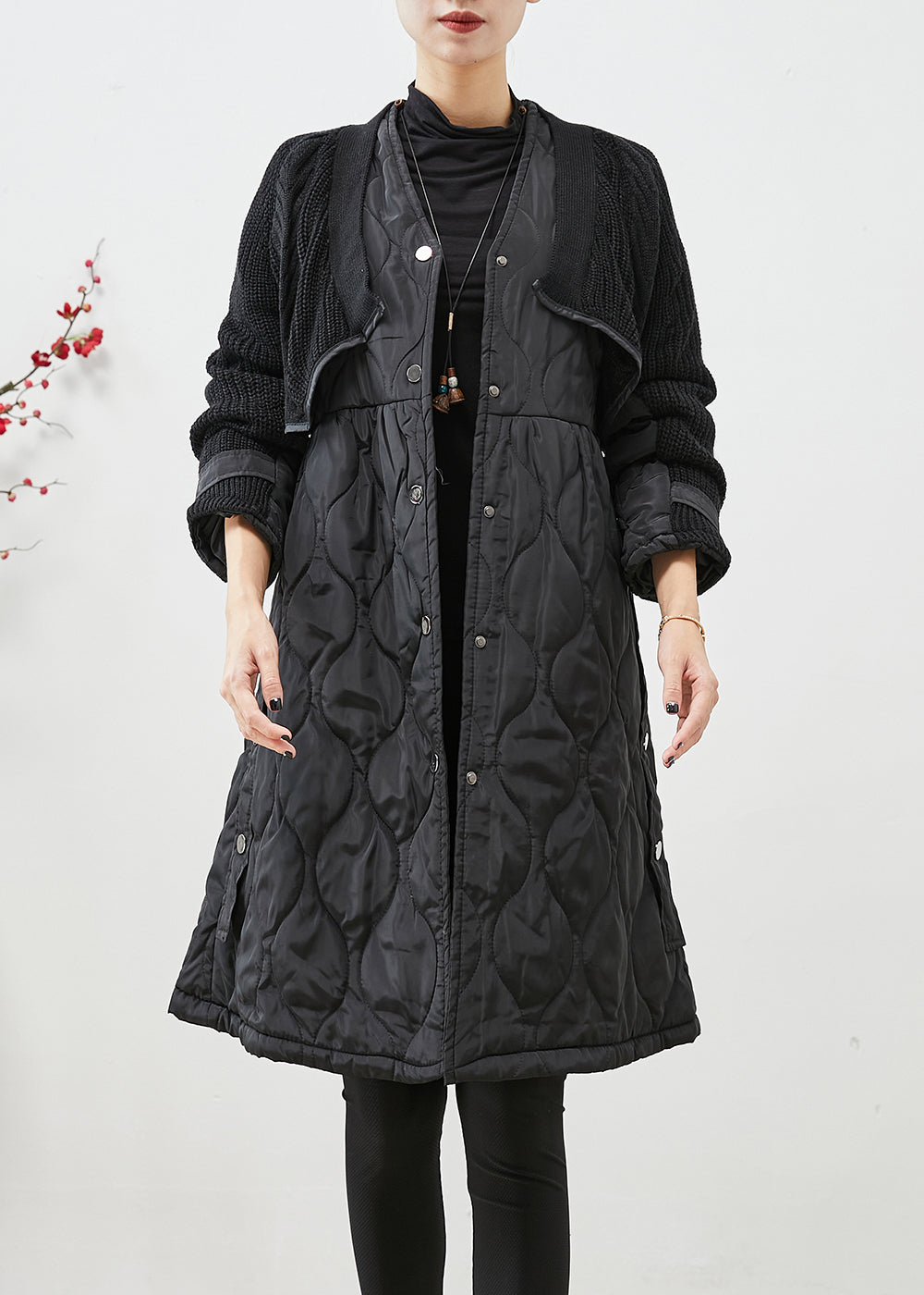 WW | Black V-Neck Knit Patchwork Fine Cotton Filled WW | Winter Coats