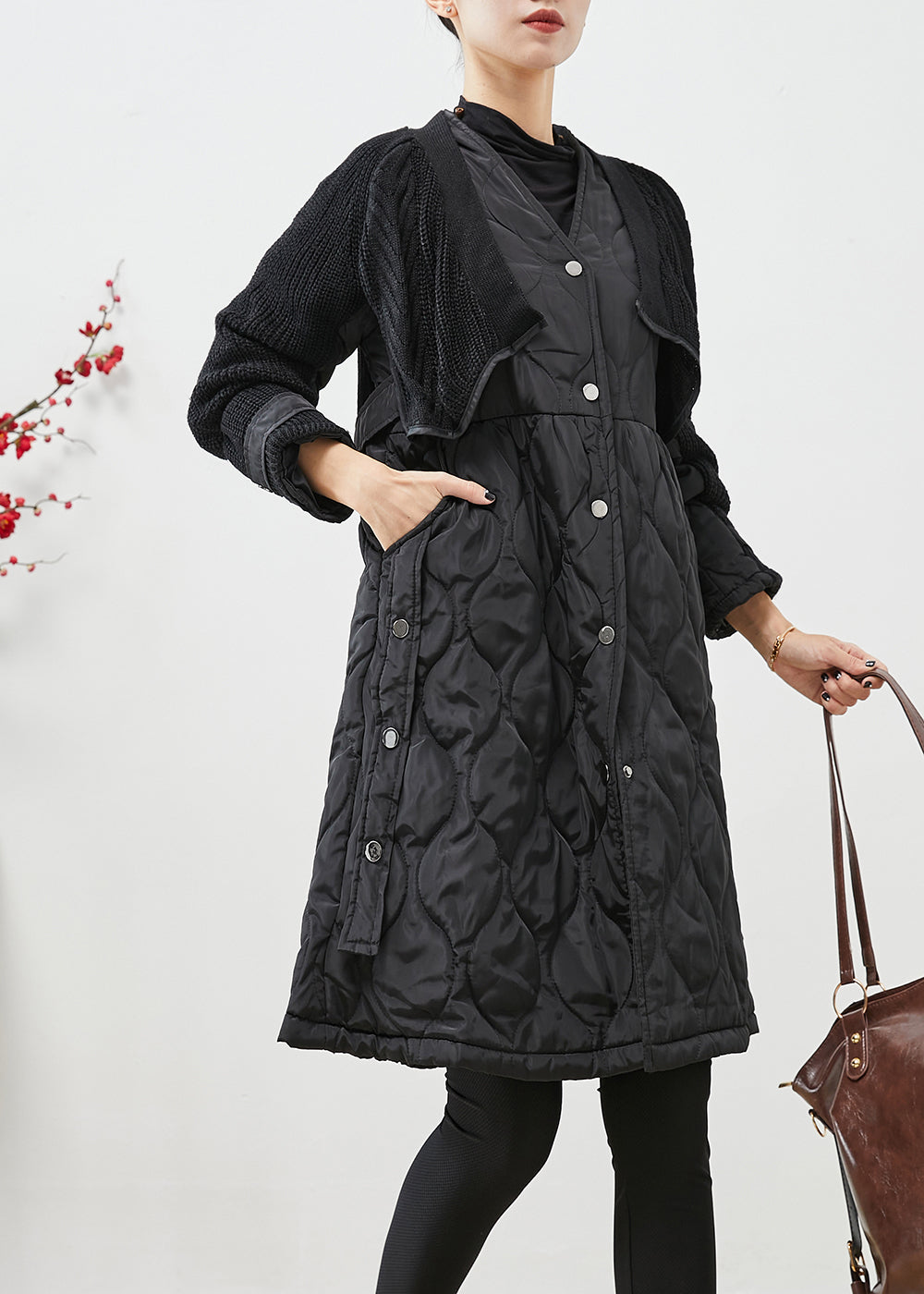 WW | Black V-Neck Knit Patchwork Fine Cotton Filled WW | Winter Coats