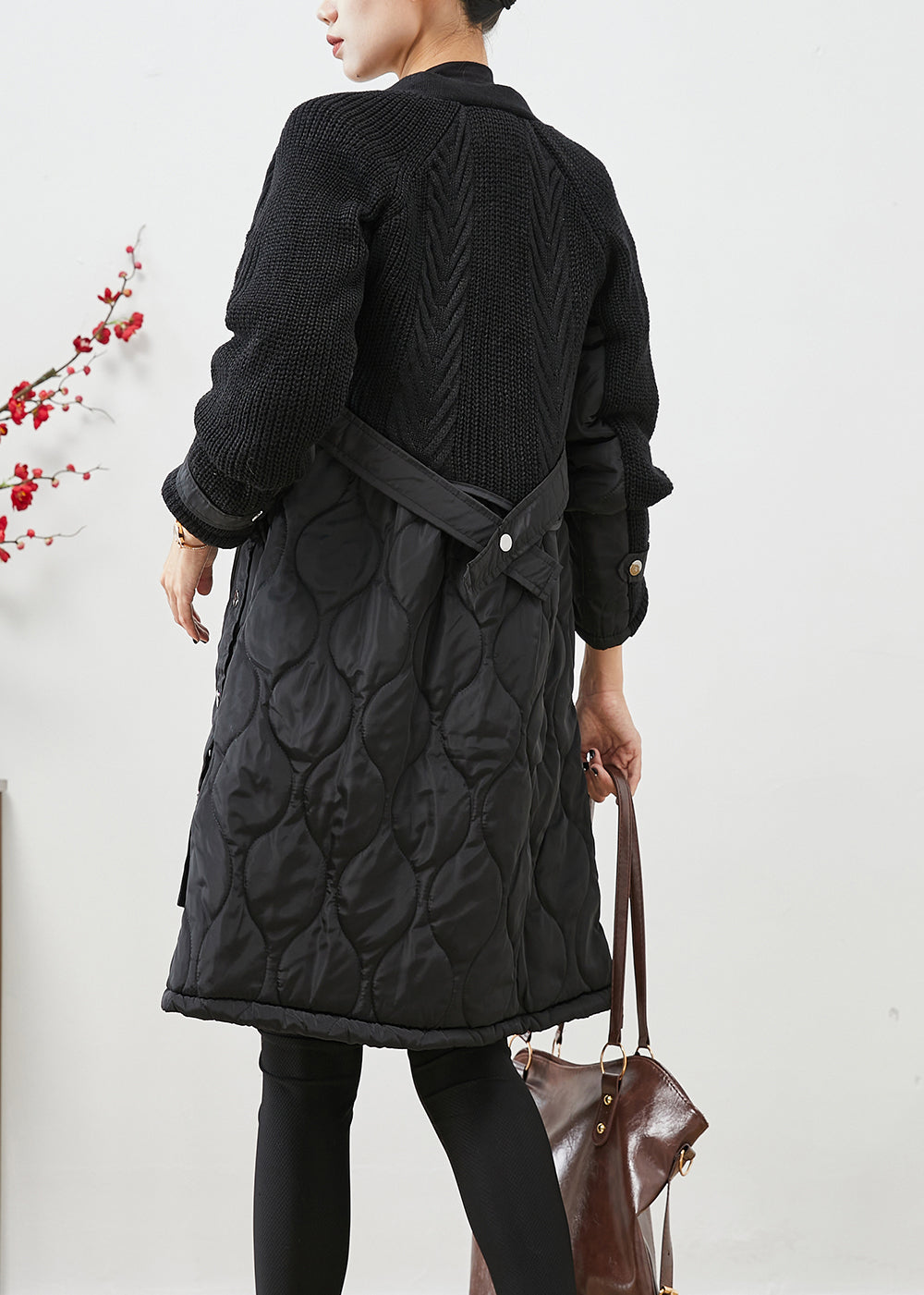 WW | Black V-Neck Knit Patchwork Fine Cotton Filled WW | Winter Coats