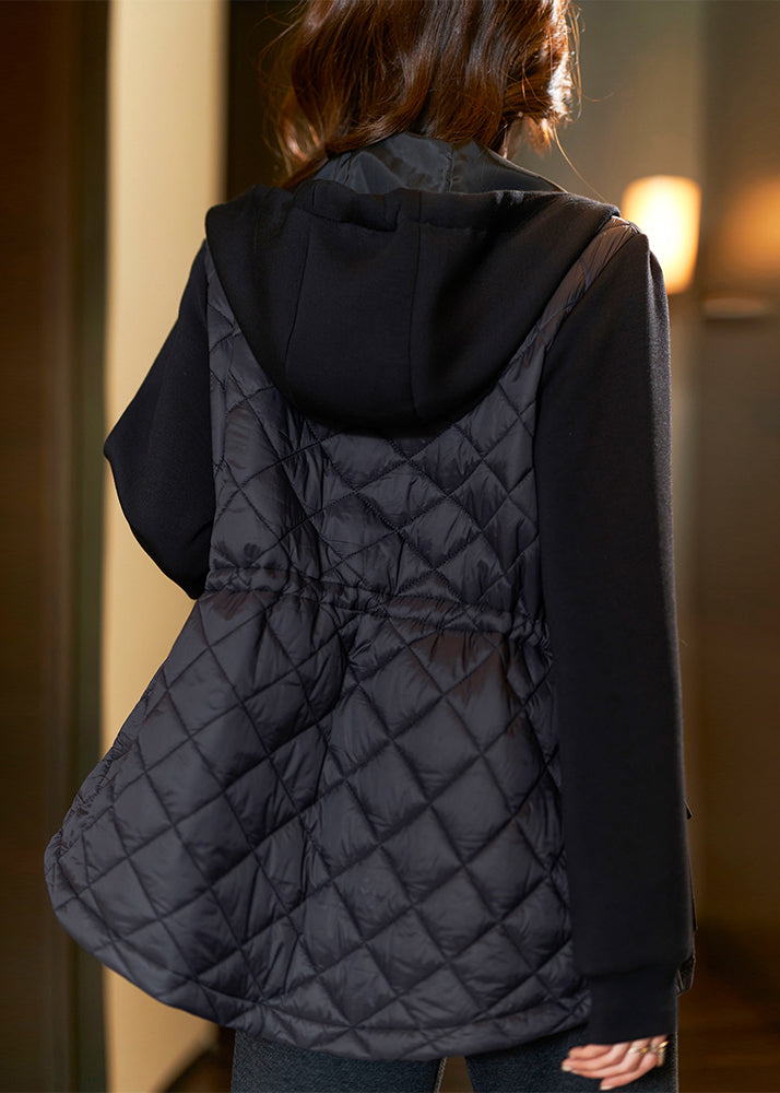 WW | Black Zipper Drawstring Patchwork Cotton-Padded Coats