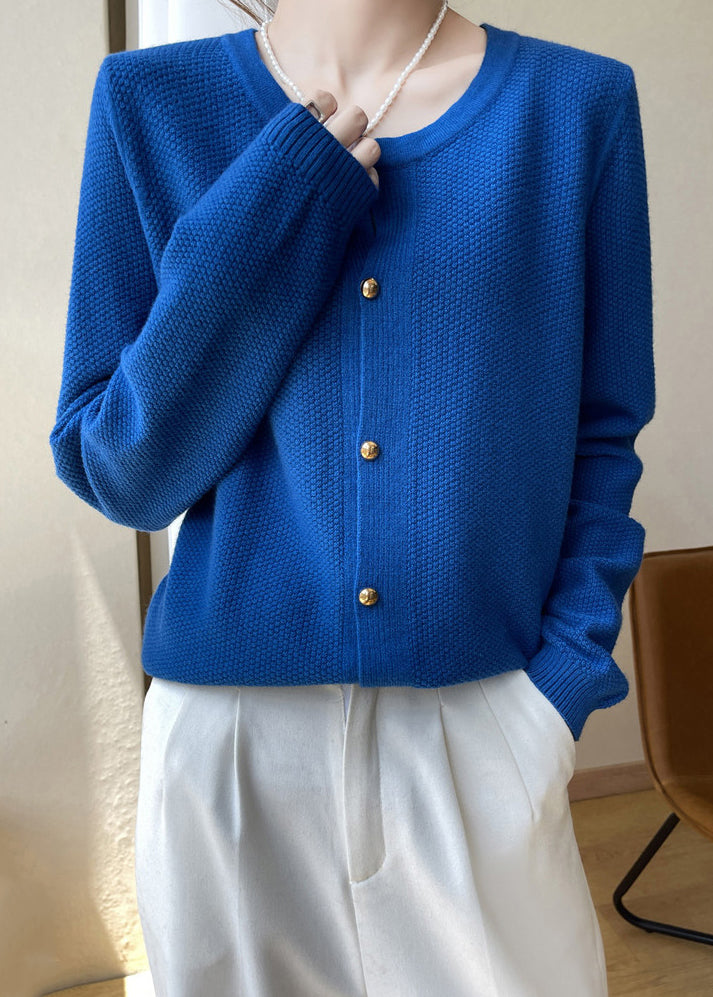 WW | Blue O-Neck Button Patchwork Cotton Cardigans