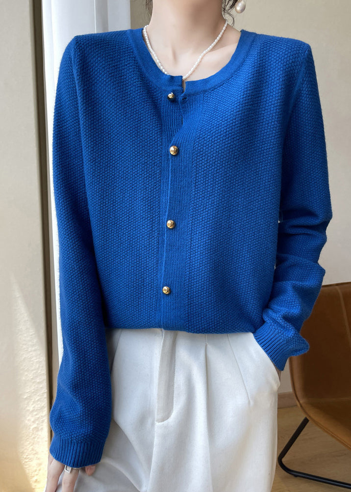 WW | Blue O-Neck Button Patchwork Cotton Cardigans