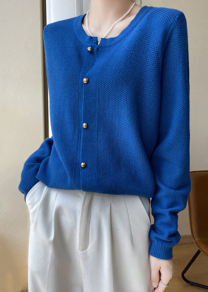 WW | Blue O-Neck Button Patchwork Cotton Cardigans
