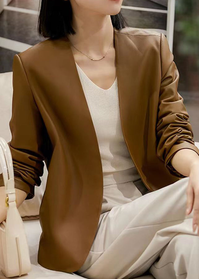WW | Brown V-Neck Patchwork Sheepskin Coats