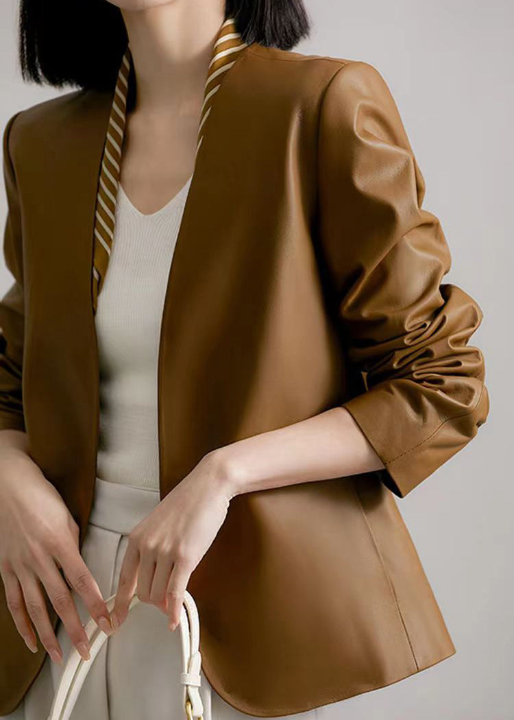 WW | Brown V-Neck Patchwork Sheepskin Coats
