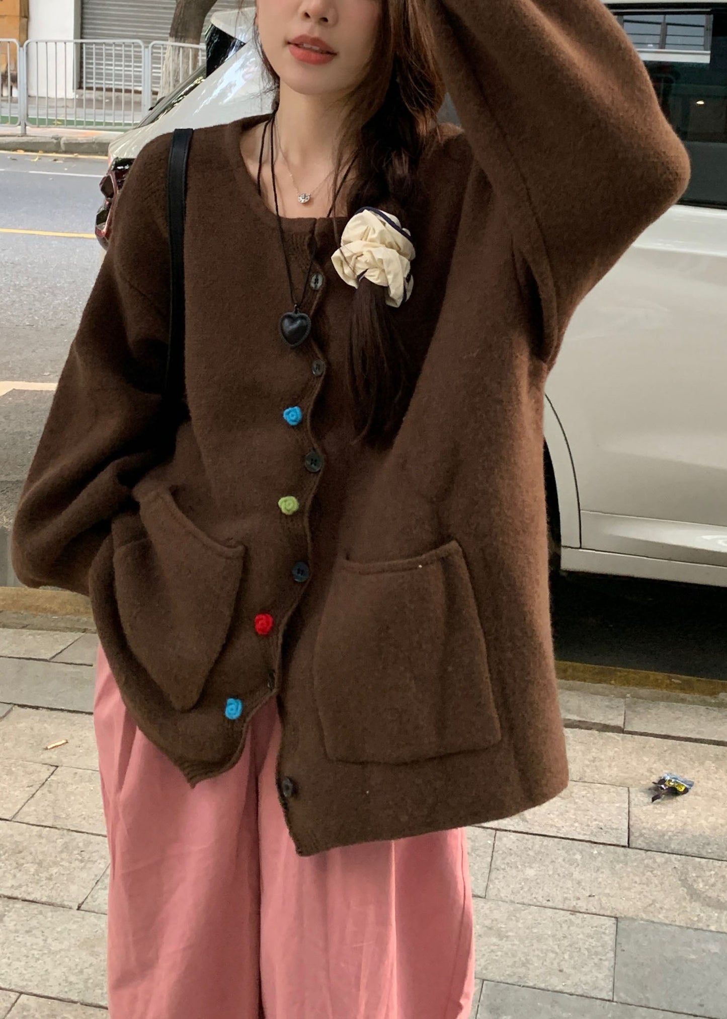 WW | Coffee Pocket Button Solid Cotton Knitted Sweaters Coats