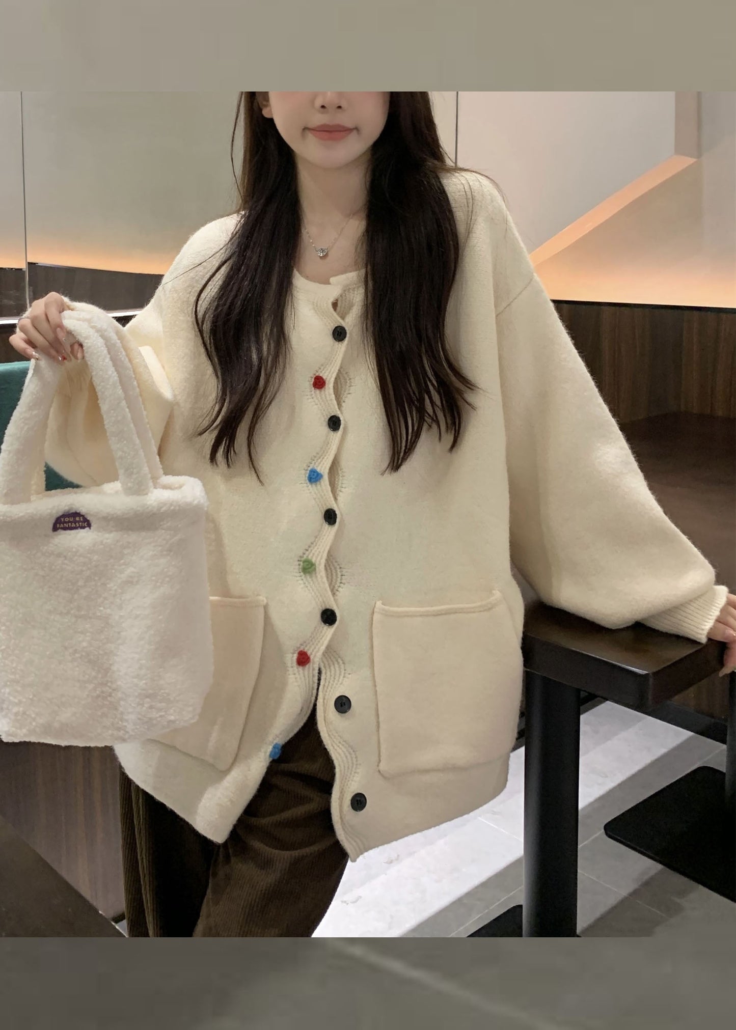 WW | Coffee Pocket Button Solid Cotton Knitted Sweaters Coats