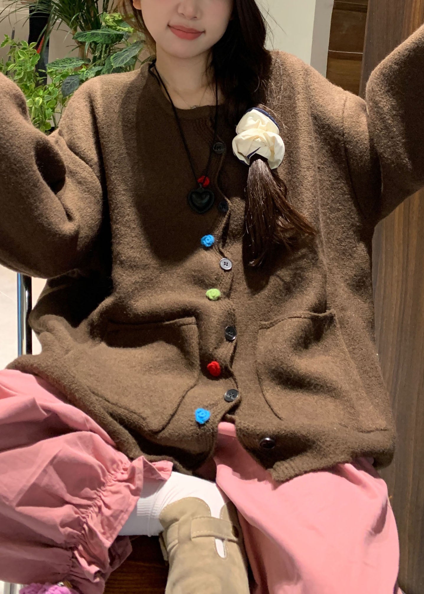 WW | Coffee Pocket Button Solid Cotton Knitted Sweaters Coats