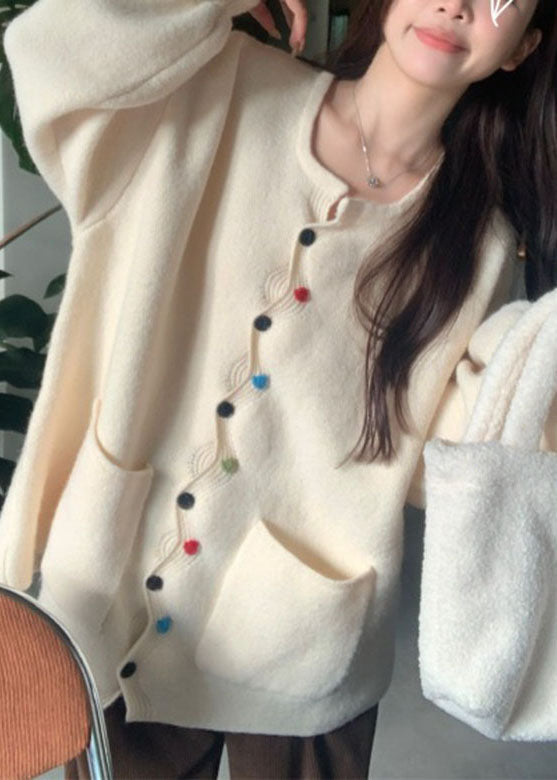 WW | Coffee Pocket Button Solid Cotton Knitted Sweaters Coats