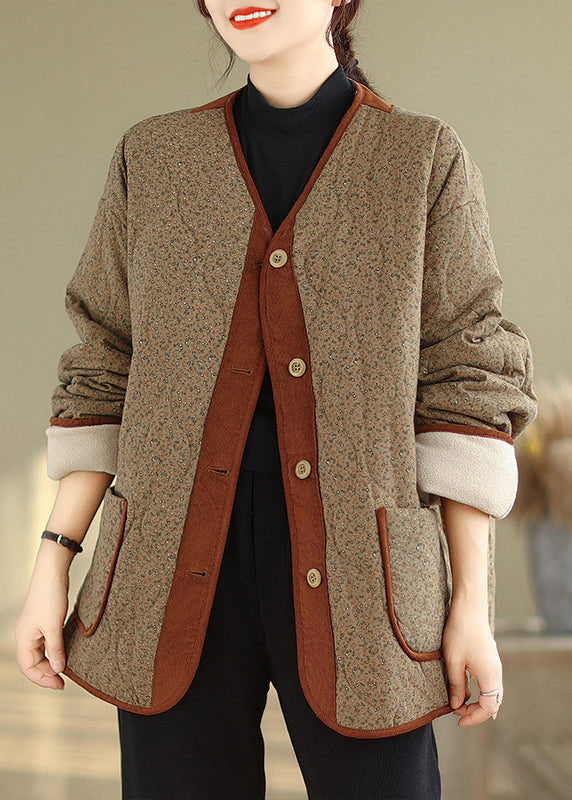 WW | Kaffee V Ausschnitt Taschen Druck Warme Fleecejacken Winter