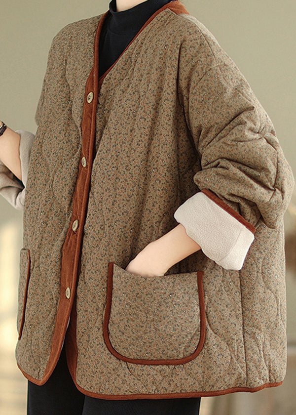 WW | Kaffee V Ausschnitt Taschen Druck Warme Fleecejacken Winter