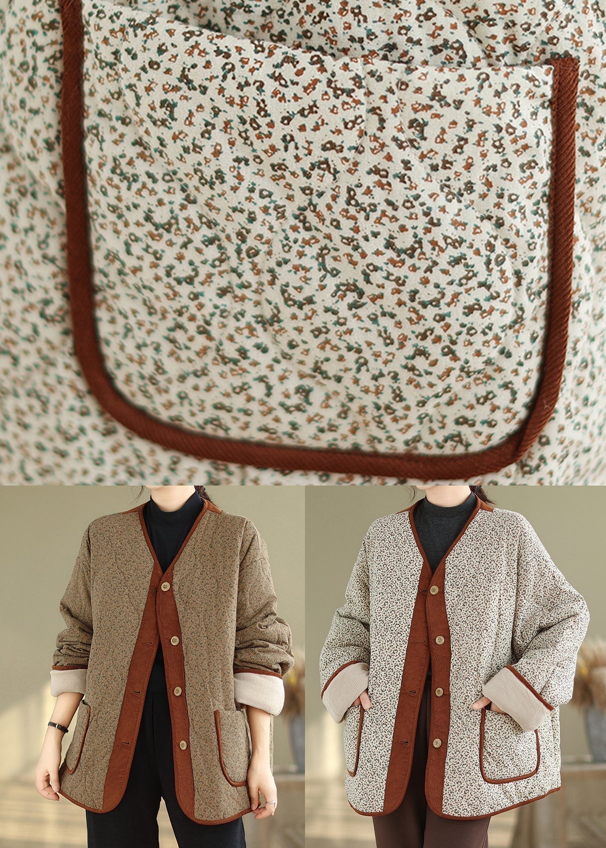 WW | Kaffee V Ausschnitt Taschen Druck Warme Fleecejacken Winter