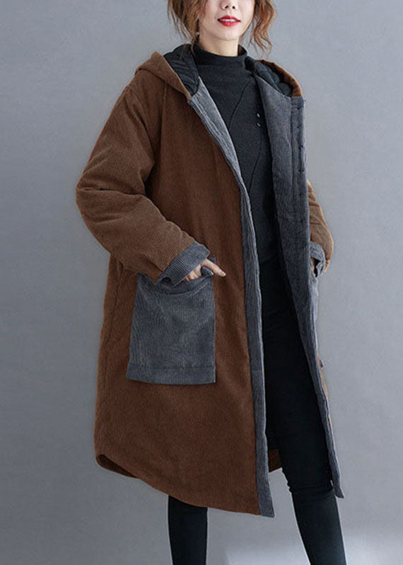 WW | Chocolate Hooded Jackets with Pockets Winter Jackets Cotton Thick Coats