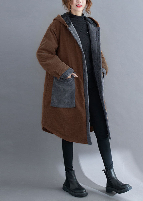 WW | Chocolate Hooded Jackets with Pockets Winter Jackets Cotton Thick Coats