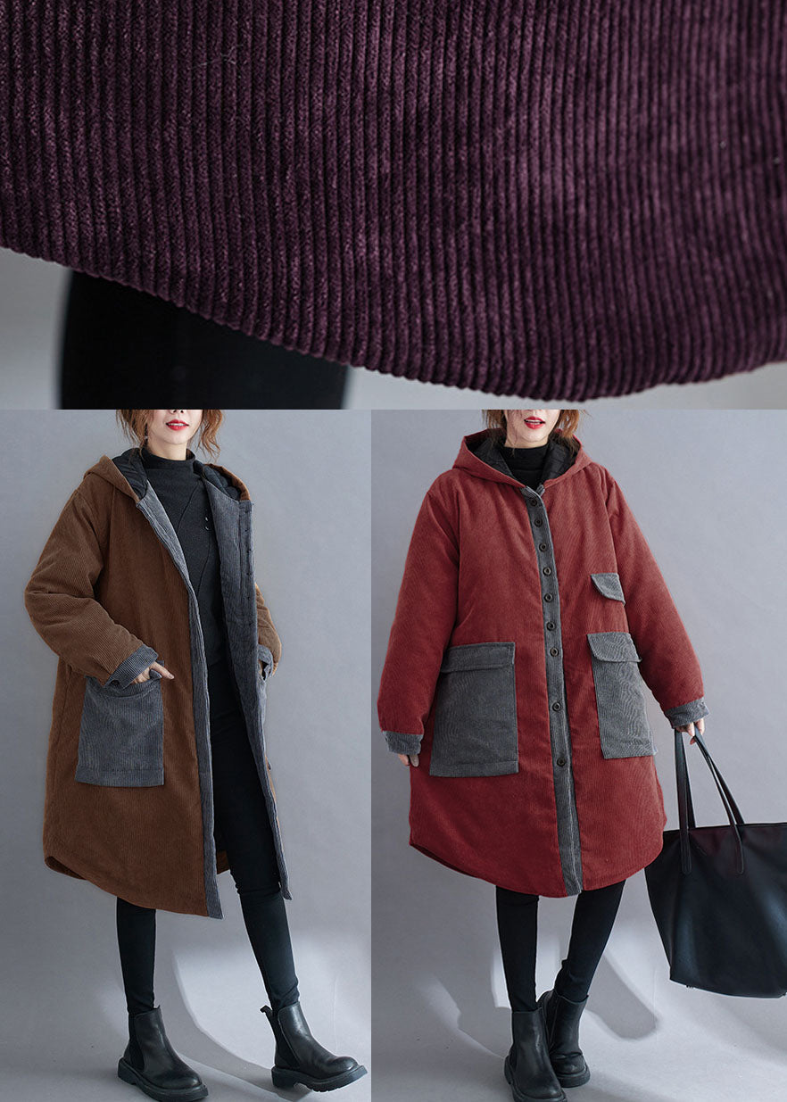 WW | Chocolate Hooded Jackets with Pockets Winter Jackets Cotton Thick Coats