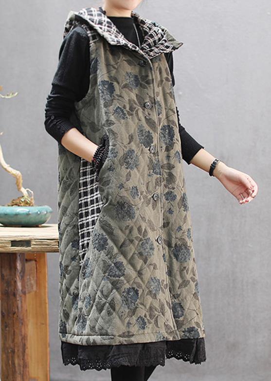 WW | Green Print Winter Coats Casual Hoodless Outerwear