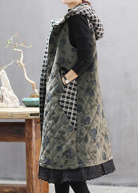 WW | Green Print Winter Coats Casual Hoodless Outerwear
