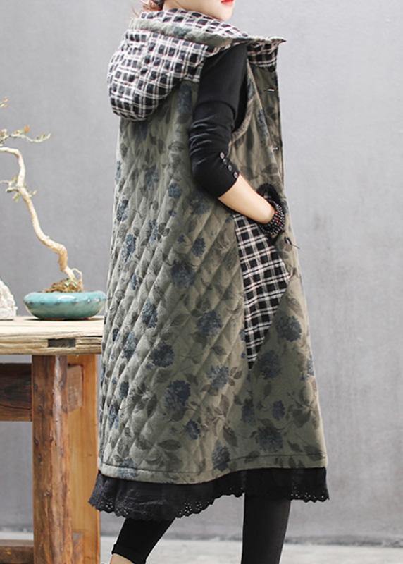 WW | Green Print Winter Coats Casual Hoodless Outerwear