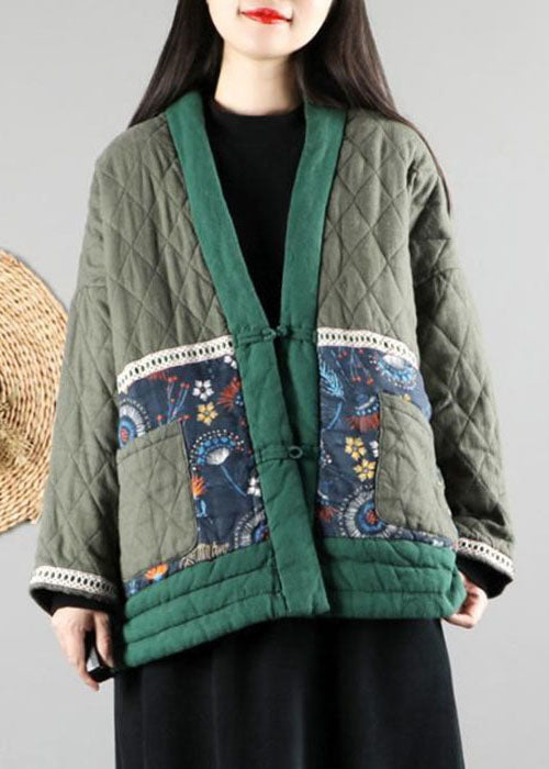 WW | Green V-Neck Fine Cotton Padded Puffer Jackets Winter
