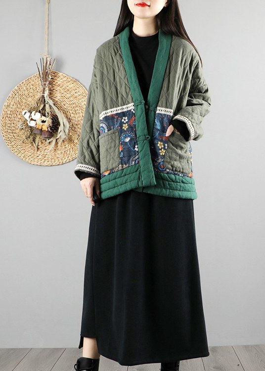 WW | Green V-Neck Fine Cotton Padded Puffer Jackets Winter