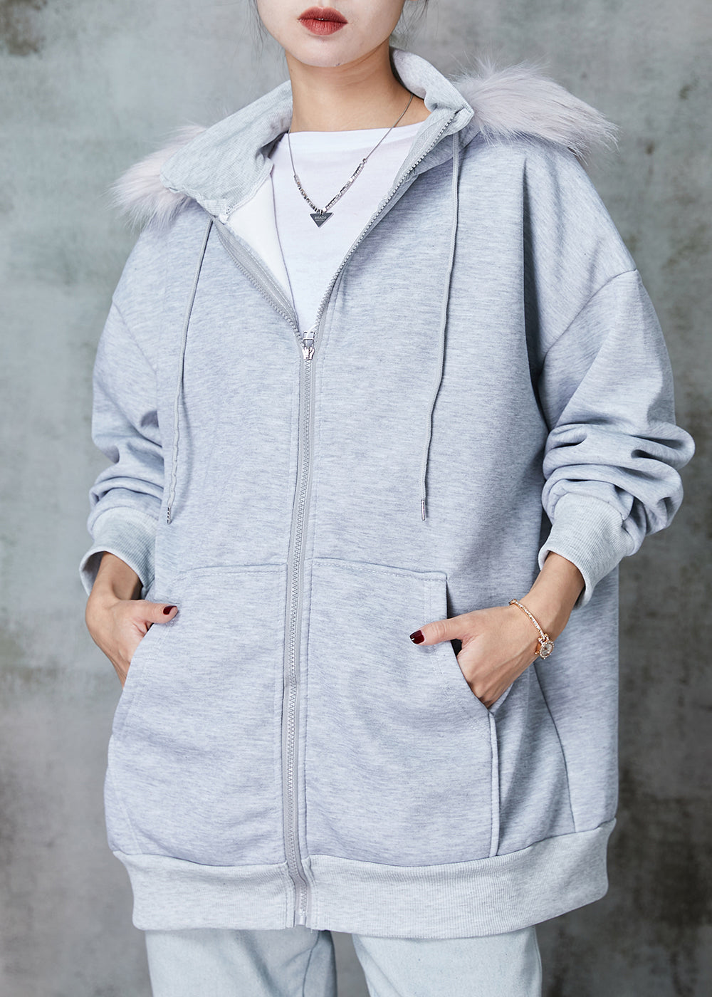 WW | Graue Kapuze Taschen Warme Fleece Sweatshirt Mäntel