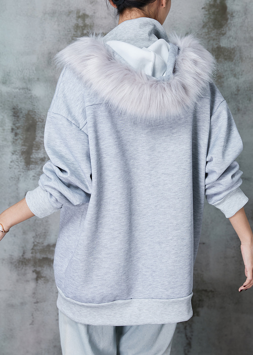 WW | Gray Hooded Pockets Warm Fleece Sweatshirt Coats