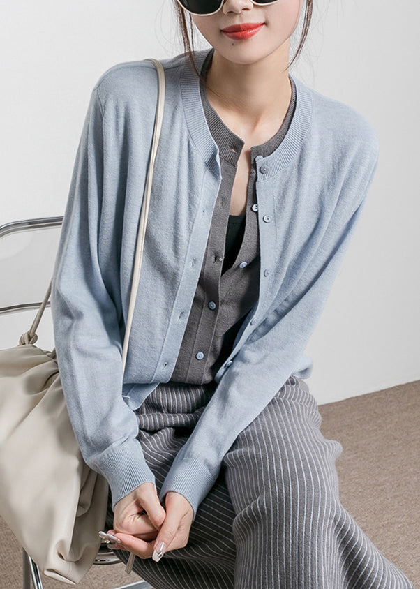 WW | Grey Scoop Neck Button Cotton Knit Coat Long Sleeves