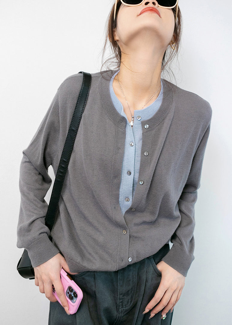 WW | Grey Scoop Neck Button Cotton Knit Coat Long Sleeves