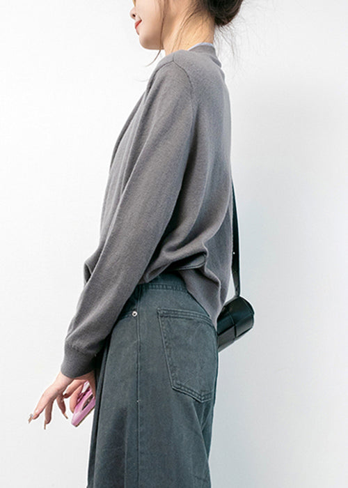 WW | Grey Scoop Neck Button Cotton Knit Coat Long Sleeves