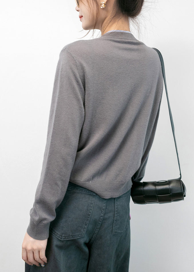 WW | Grey Scoop Neck Button Cotton Knit Coat Long Sleeves