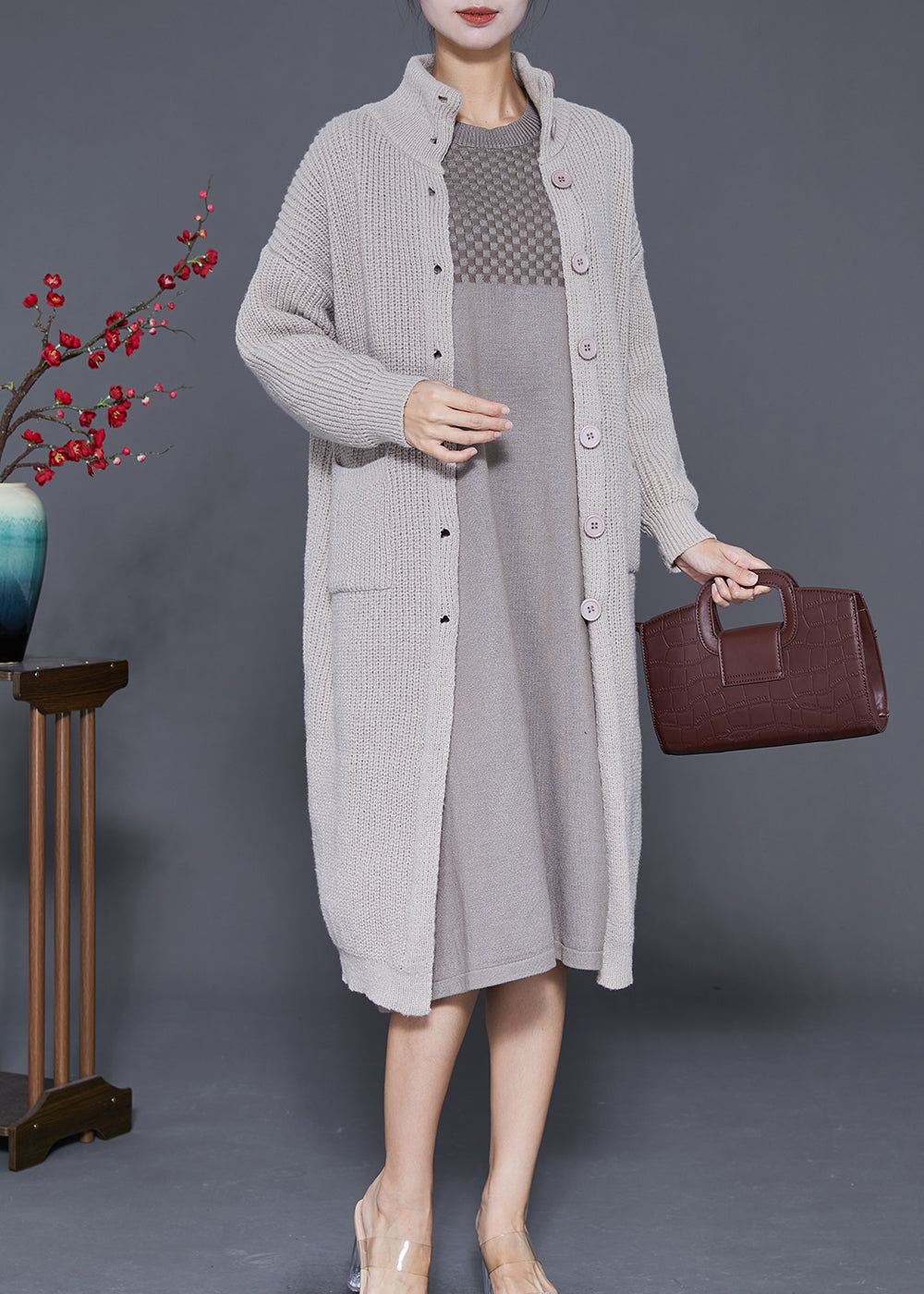 WW | Light Grey Button-Down Warm Knit Cardigans