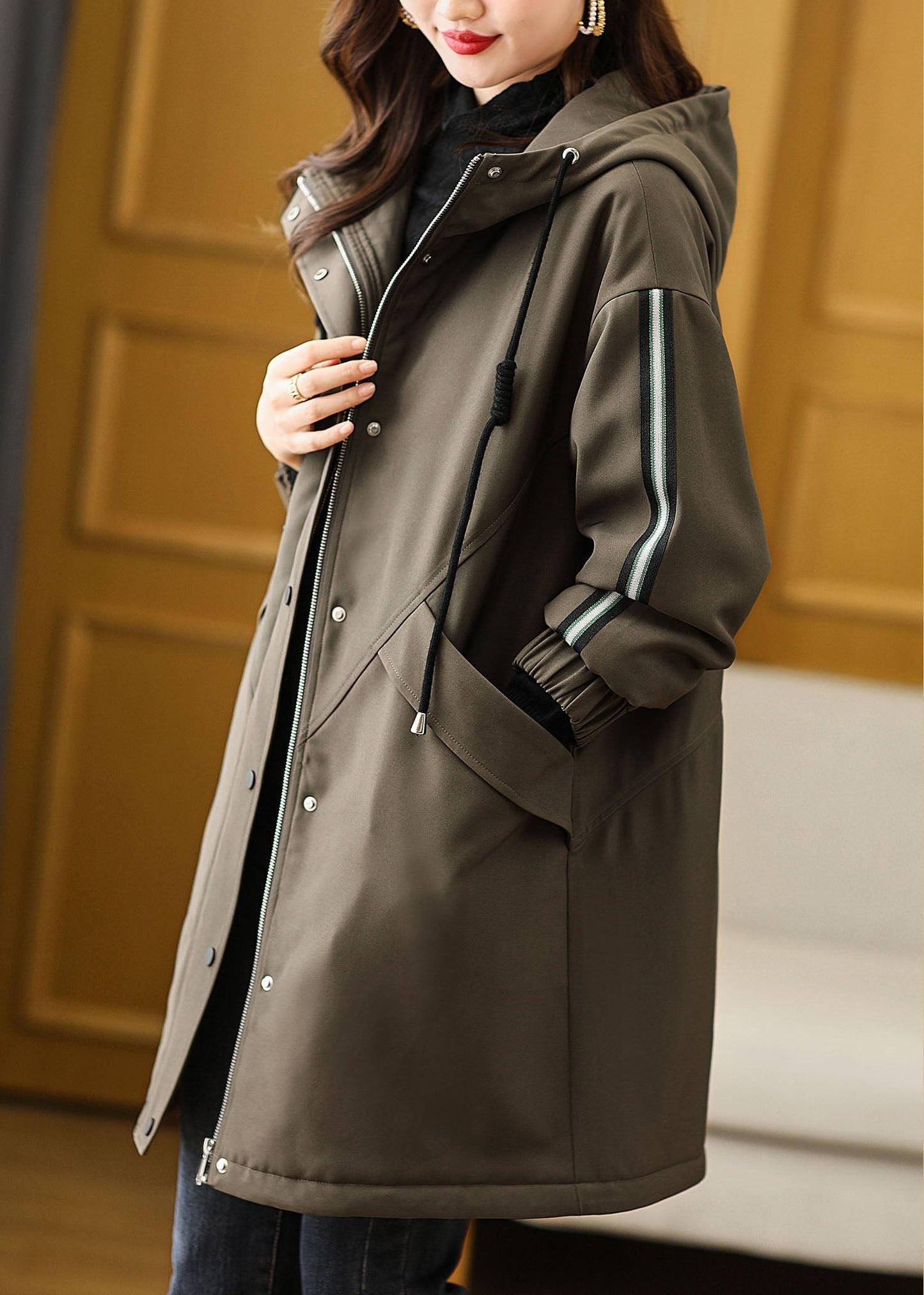 WW | Chestnut Brown Zipper Patchwork Drawstring Button Thick Hooded Down Jackets Winter
