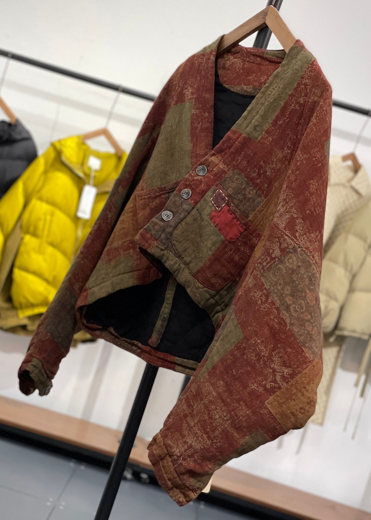 WW | Orange Asymmetrical Pocket Print Cotton Padded Winter Coats