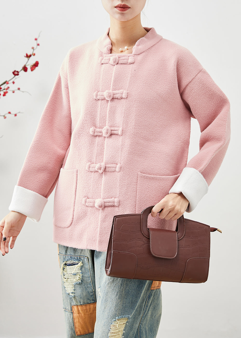 WW | Pink Mandarin Kragen Chinesische Knopf Taschen Wollmäntel