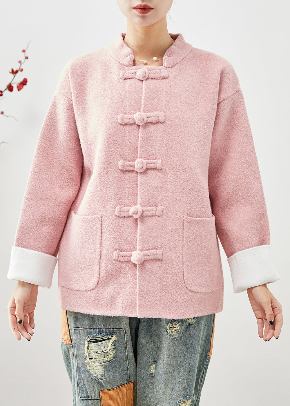 WW | Pink Mandarin Kragen Chinesische Knopf Taschen Wollmäntel