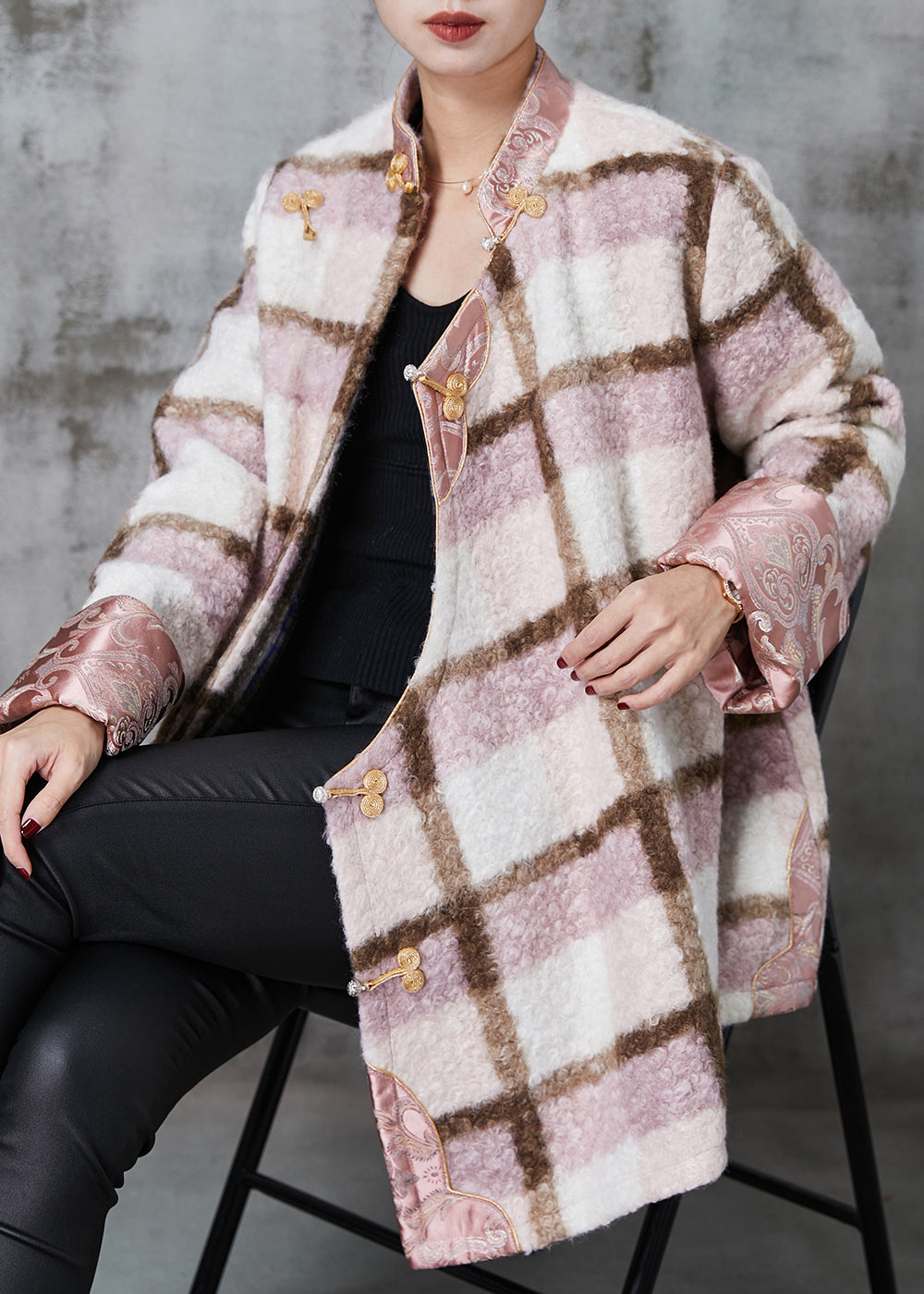 WW | Pink Plaid Feine Baumwollgefüllte Wolle Chinesischer Stil Mäntel