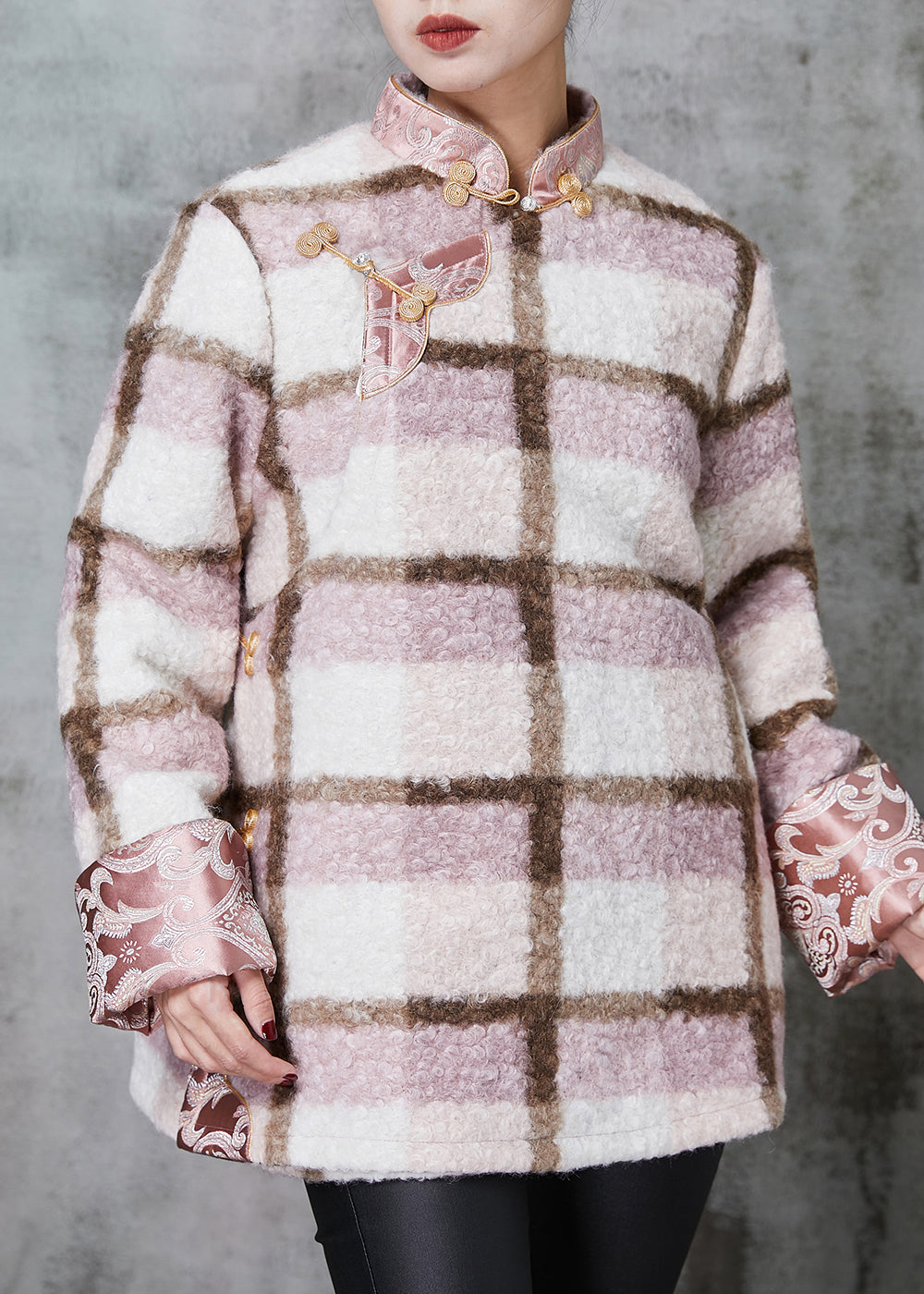 WW | Pink Plaid Fine Cotton-Filled Wool Chinese Style Coats