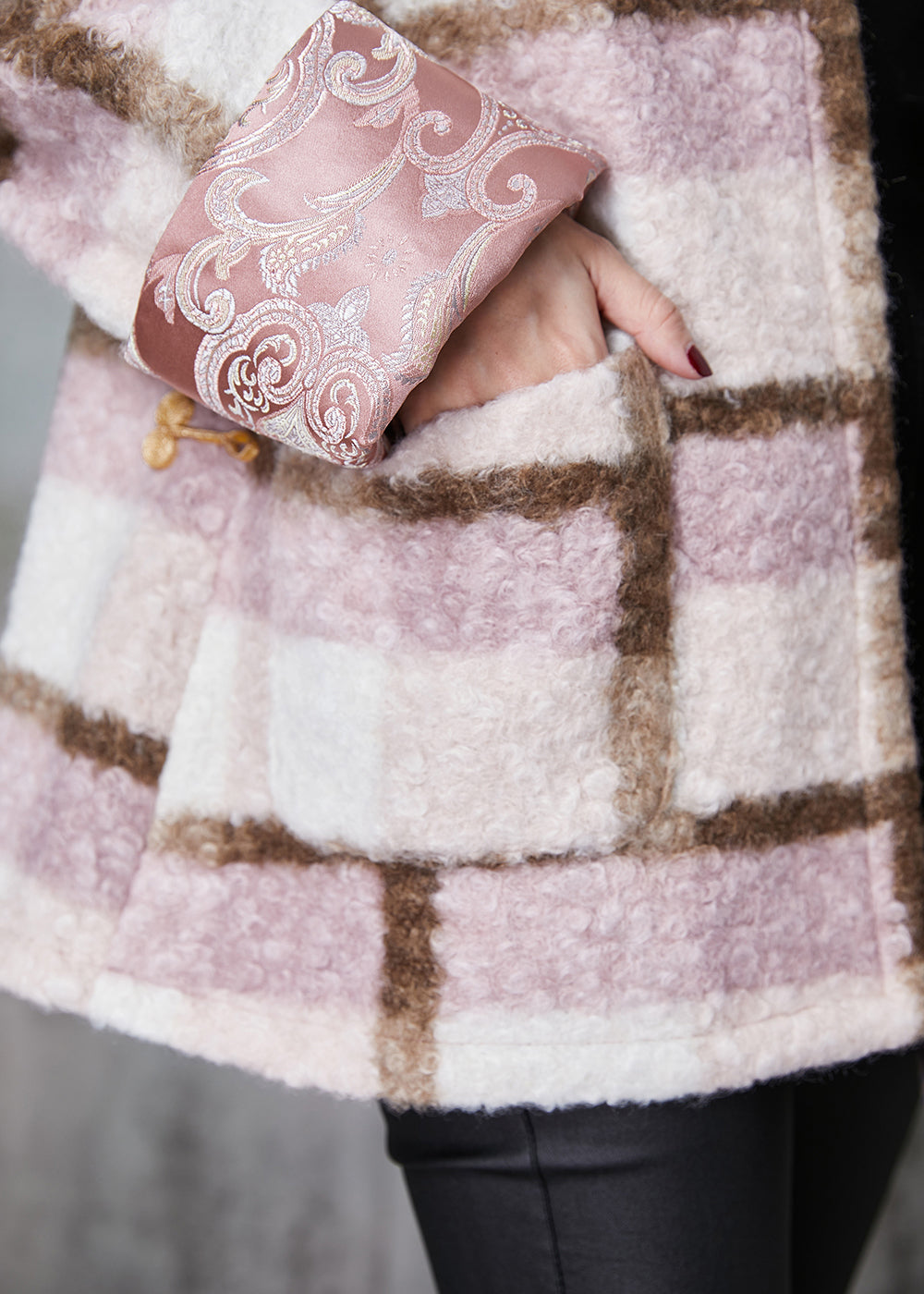WW | Pink Plaid Feine Baumwollgefüllte Wolle Chinesischer Stil Mäntel