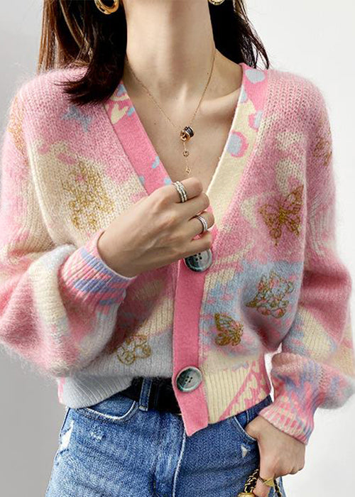 WW | Pink V-neck Button Patchwork Cotton Knit Coats Long Sleeve