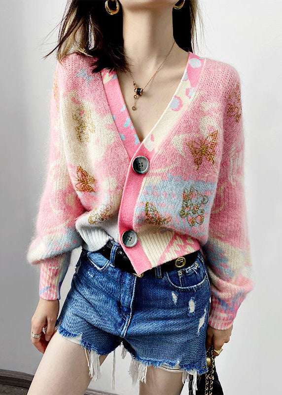 WW | Pink V-neck Button Patchwork Cotton Knit Coats Long Sleeve